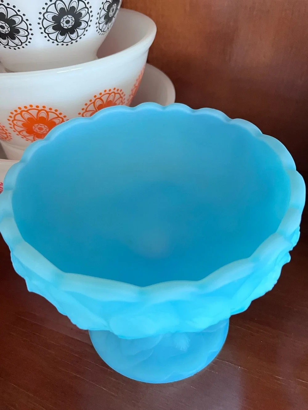 Fenton Blue Satin Glass Water Lily Covered Compote 1970 Floral Pedestal Dish